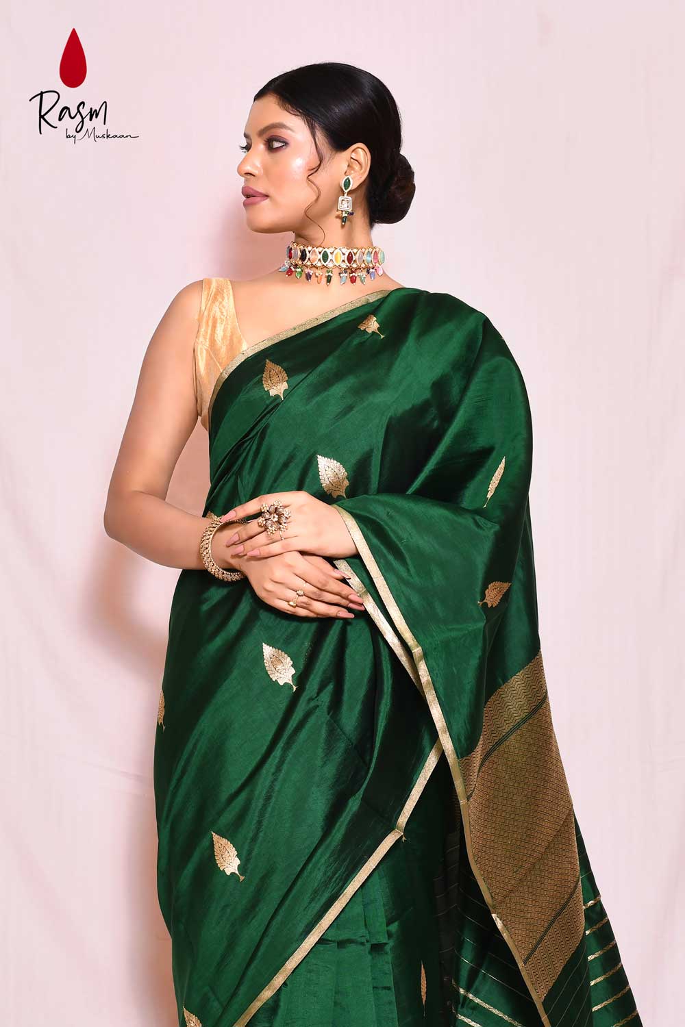 Bottle Green Pure Katan Silk Banarasi Handloom Saree With Blouse Bottle Green Pure Katan Silk Banarasi Handloom Saree With Blouse