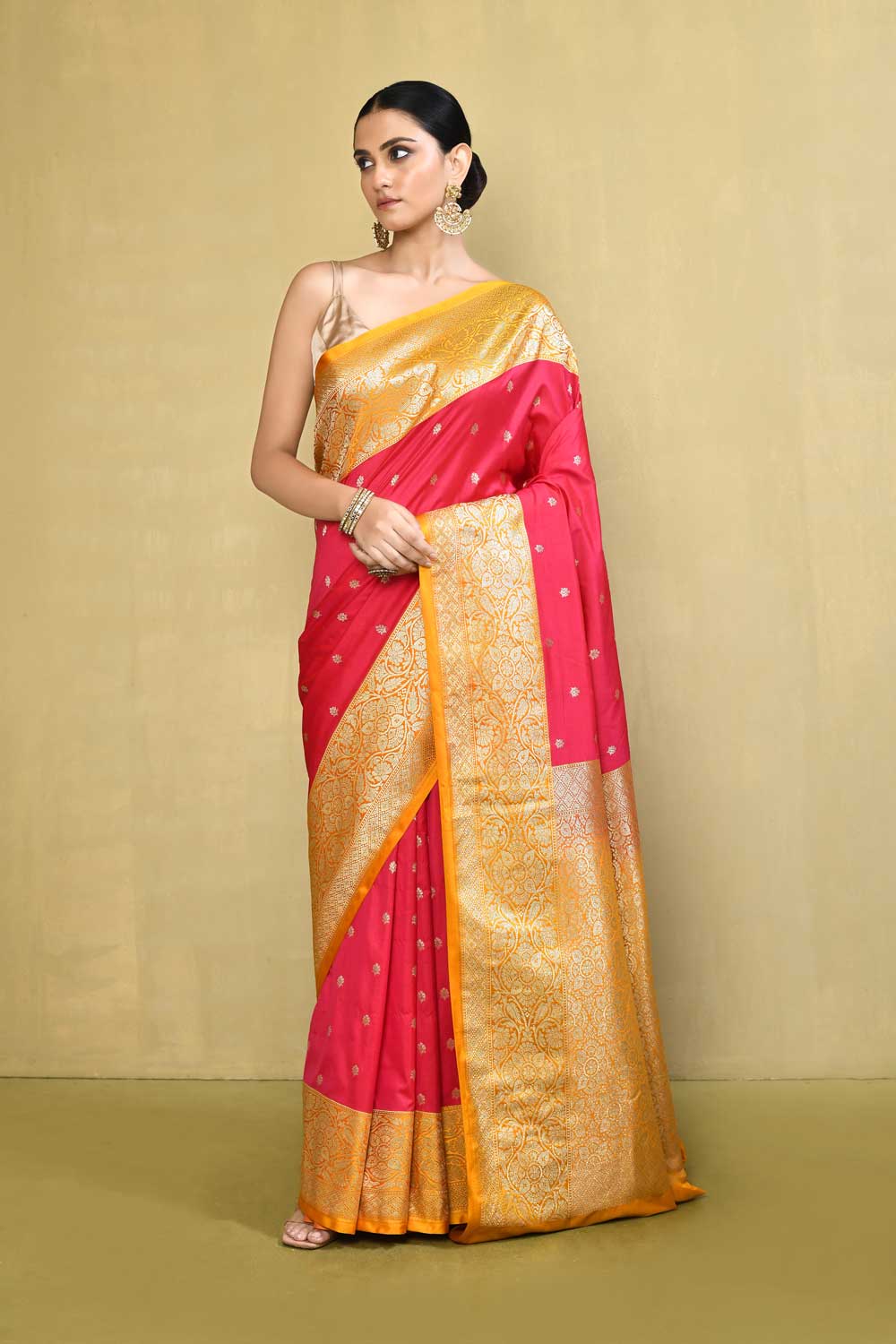 Red - Yellow Banarasi Saree With Contrast Border Red - Yellow Banarasi Saree With Contrast Border