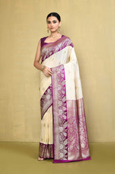 Off-White & Magenta Banarasi Handloom Saree, Contrast Border