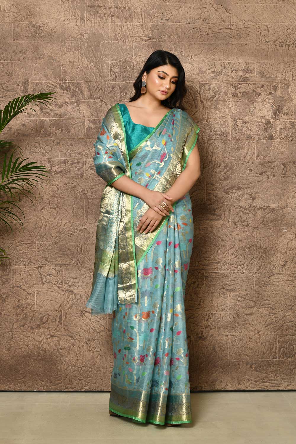 Powder Blue Pure Kota Check silk Saree With Blouse