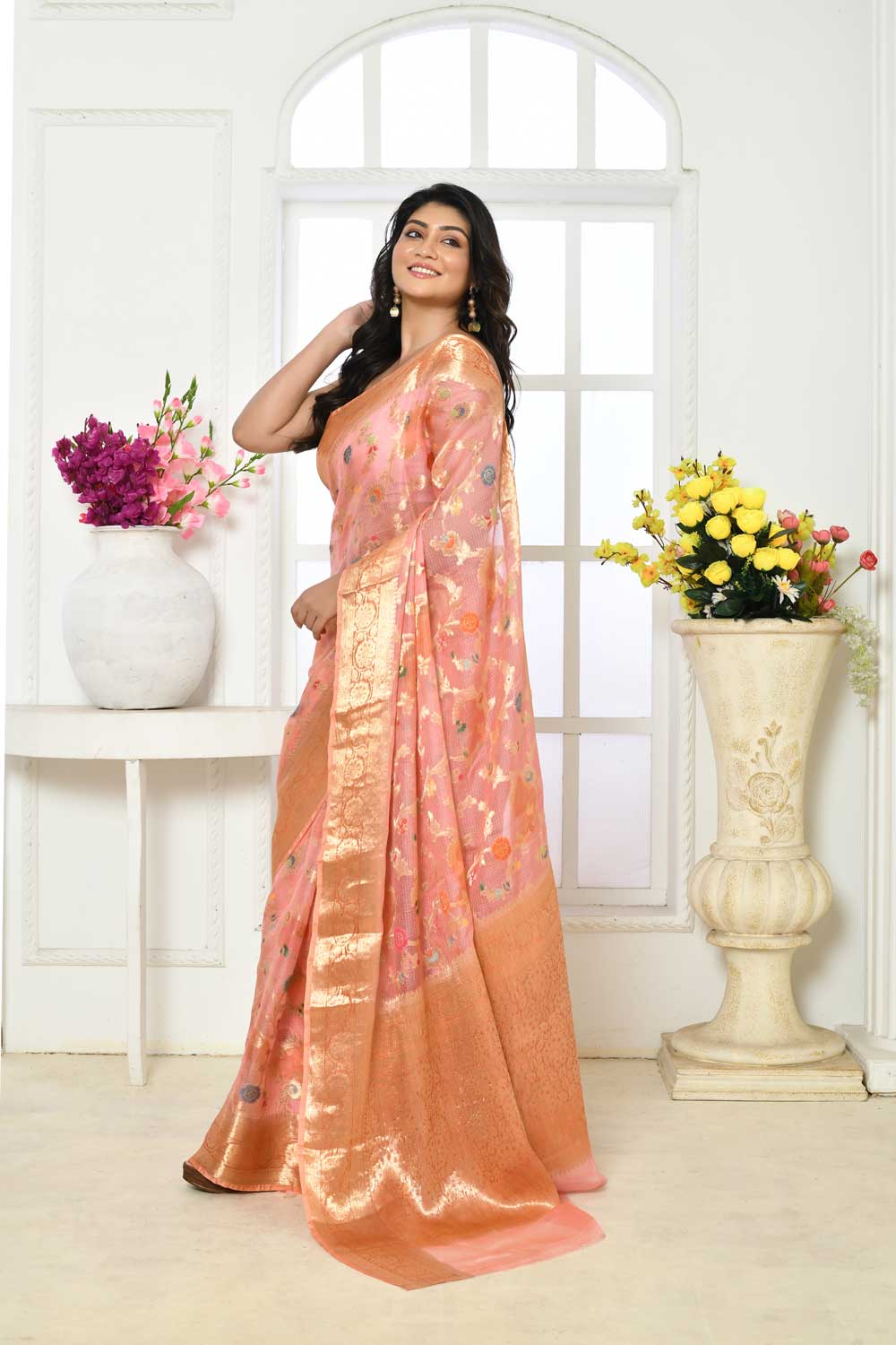 Peach Pure Kota Check Banarasi Handloom Saree With Meenakari Jaal Peach Pure Kota Check Banarasi Handloom Saree With Meenakari Jaal