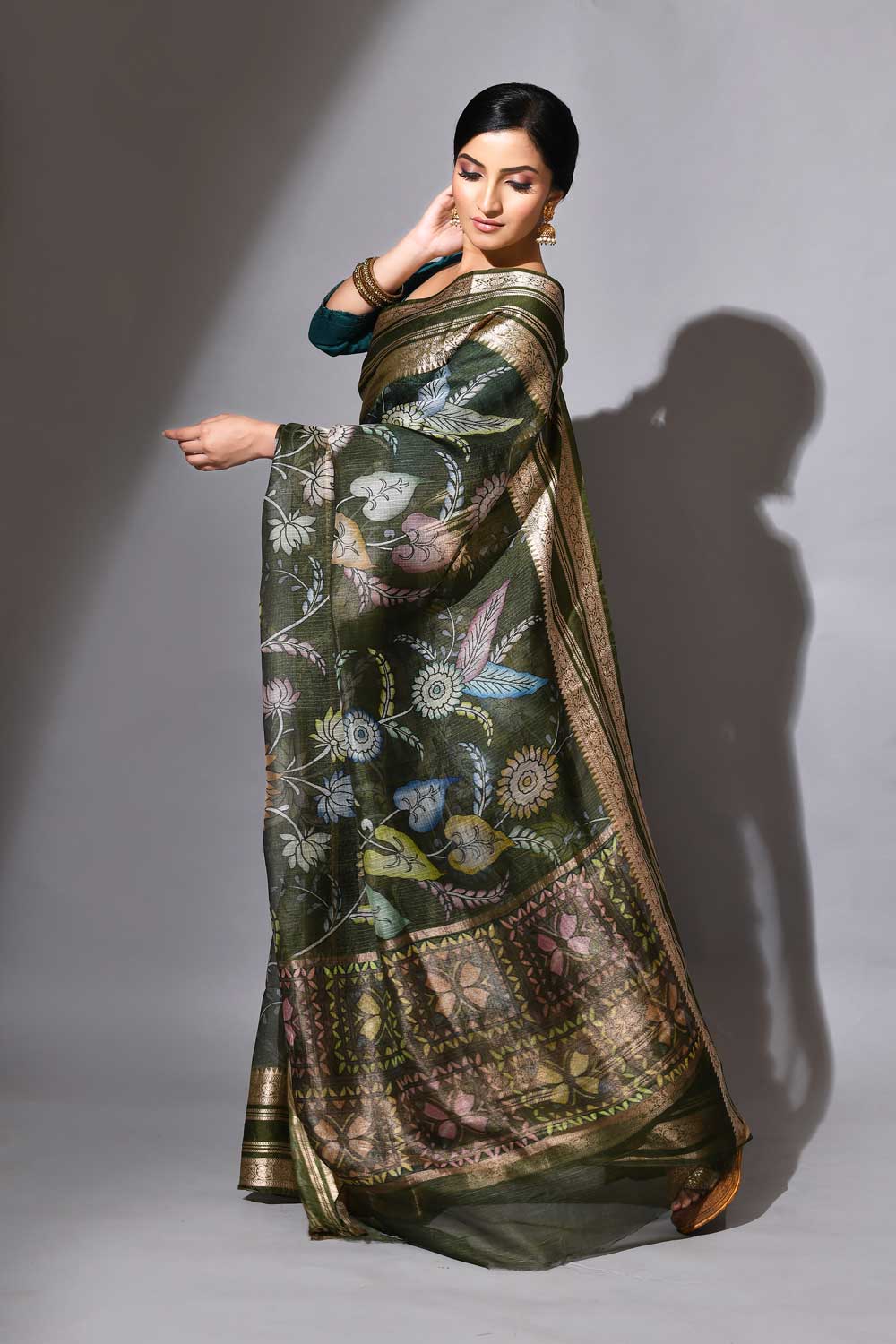 Olive Green Kalamkari Pure Kota Check Banarasi Handloom Saree Olive Green Kalamkari Pure Kota Check Banarasi Handloom Saree