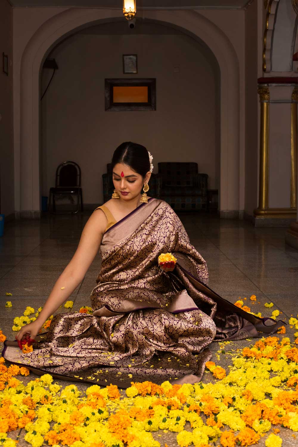 Deep Purple 'Shikargah' Pure Katan Silk Kadhua Handloom Saree Deep Purple 'Shikargah' Pure Katan Silk Kadhua Handloom Saree