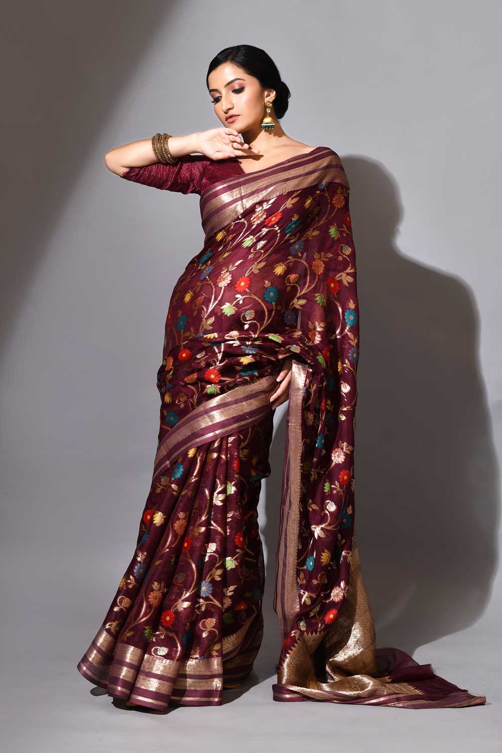 Deep Wine Pure Kota Check Banarasi Handloom Saree With Meenakari Jaal Deep Wine Pure Kota Check Banarasi Handloom Saree With Meenakari Jaal