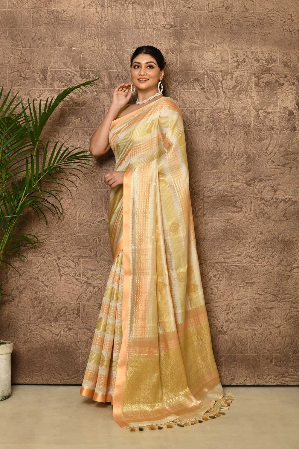 Rangkat Pure Katan Chiniya Silk Banarasi Handloom Saree With Multi Striped Body And Bordrr Rangkat Pure Katan Chiniya Silk Banarasi Handloom Saree With Multi Striped Body And Bordrr