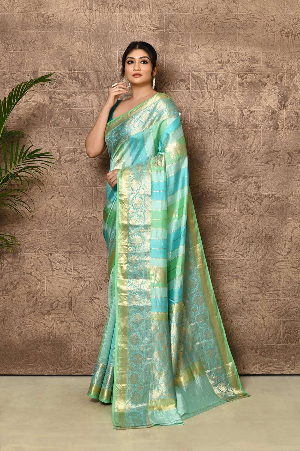 Grey- Green Pure Katan Chiniya Banarasi Handloom Saree With Tanchoi Border Grey- Green Pure Katan Chiniya Banarasi Handloom Saree With Tanchoi Border