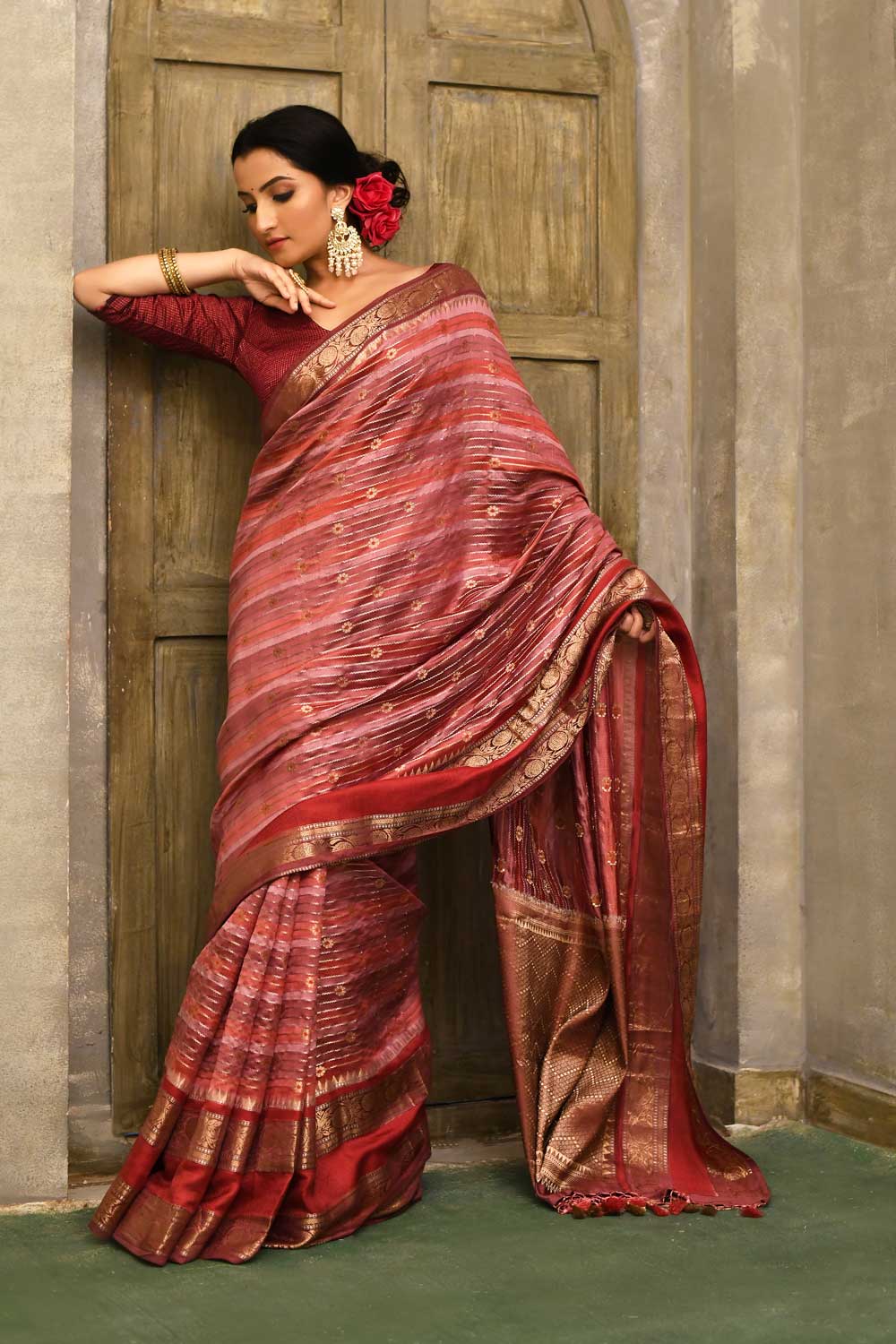 Banarasi Handloom Saree With Multi Striped Body And Border Banarasi Handloom Saree With Multi Striped Body And Border