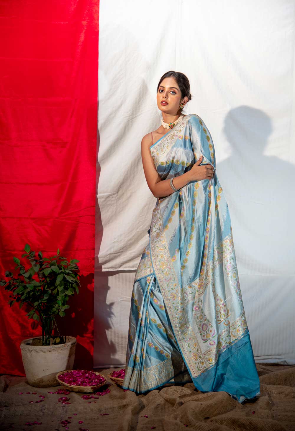 Handloom Light And Dark Powder Blue Mushru Satin Banarasi Saree With Tanchoi Adda Rangakt Body And Border Handloom Light And Dark Powder Blue Mushru Satin Banarasi Saree With Tanchoi Adda Rangakt Body And Border
