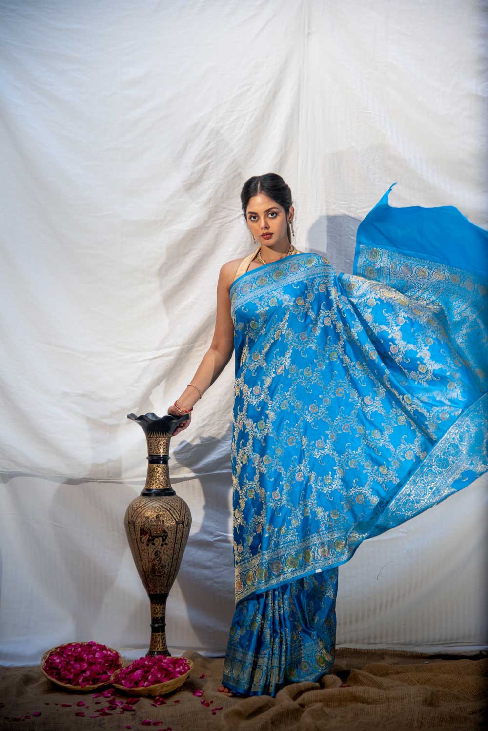 Royal Blue Mushru Satin Saree With Meenakari Jaal Work Royal Blue Mushru Satin Saree With Meenakari Jaal Work