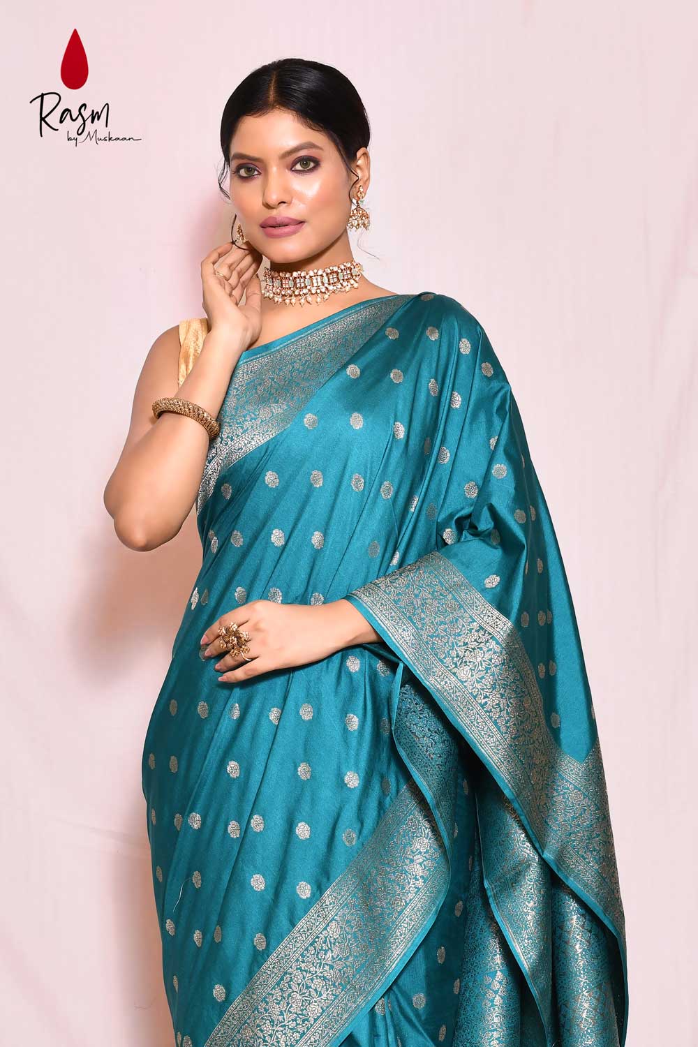 Teal Mushru Satin Banarasi Handloom Saree With Handwoven Silver Booti