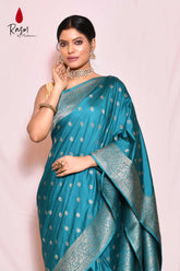 Teal Mushru Satin Banarasi Handloom Saree With Handwoven Silver Booti