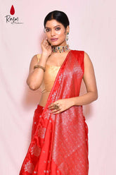Red Mushru Satin Banarasi Handloom Saree With Silver Boota