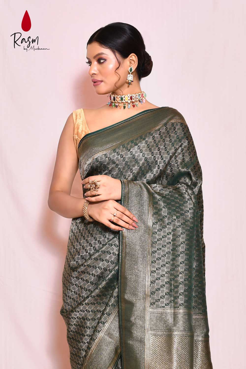 Bottle Green Mushru Satin Brocade Banarasi Handloom Saree Bottle Green Mushru Satin Brocade Banarasi Handloom Saree