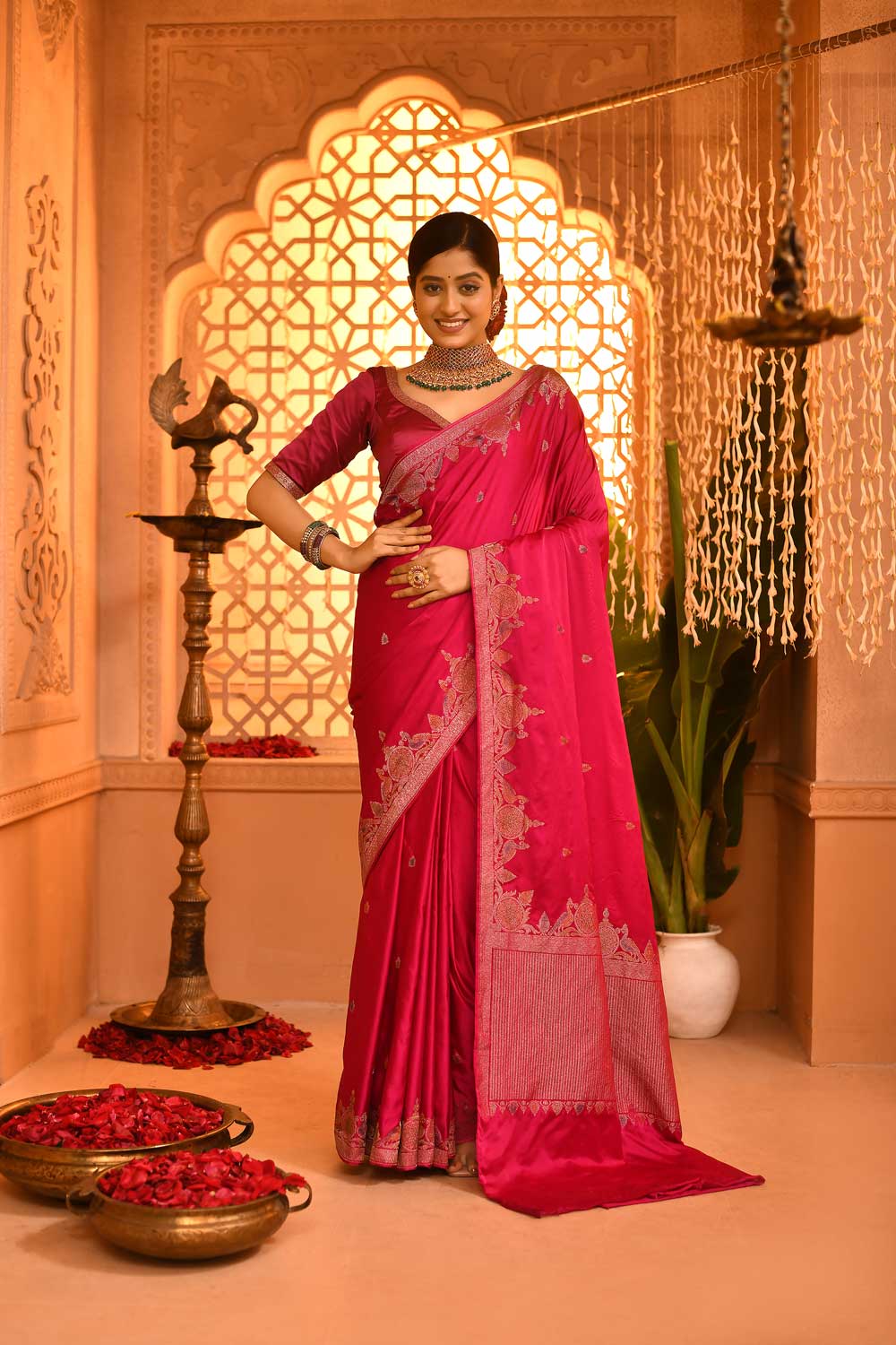Fuchsia Pink Mushru Satin Banarasi Handloom Saree With Meenakari Border Fuchsia Pink Mushru Satin Banarasi Handloom Saree With Meenakari Border