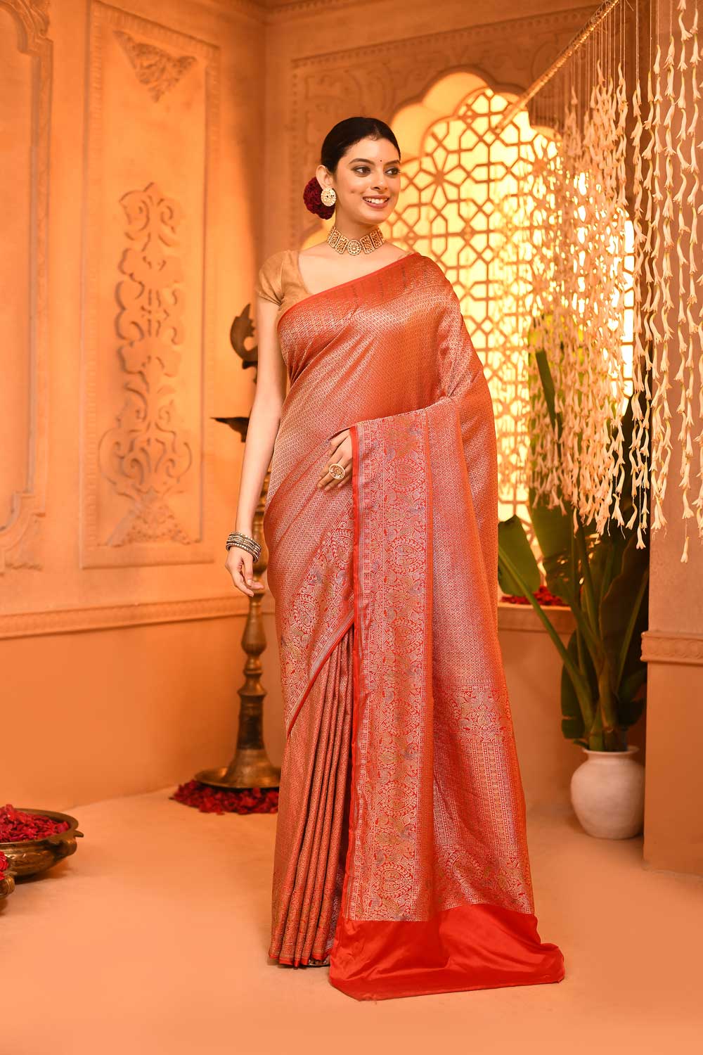 Orange Mushru Satin Banarasi Handloom Saree With Shikargah Meenakari Border Orange Mushru Satin Banarasi Handloom Saree With Shikargah Meenakari Border