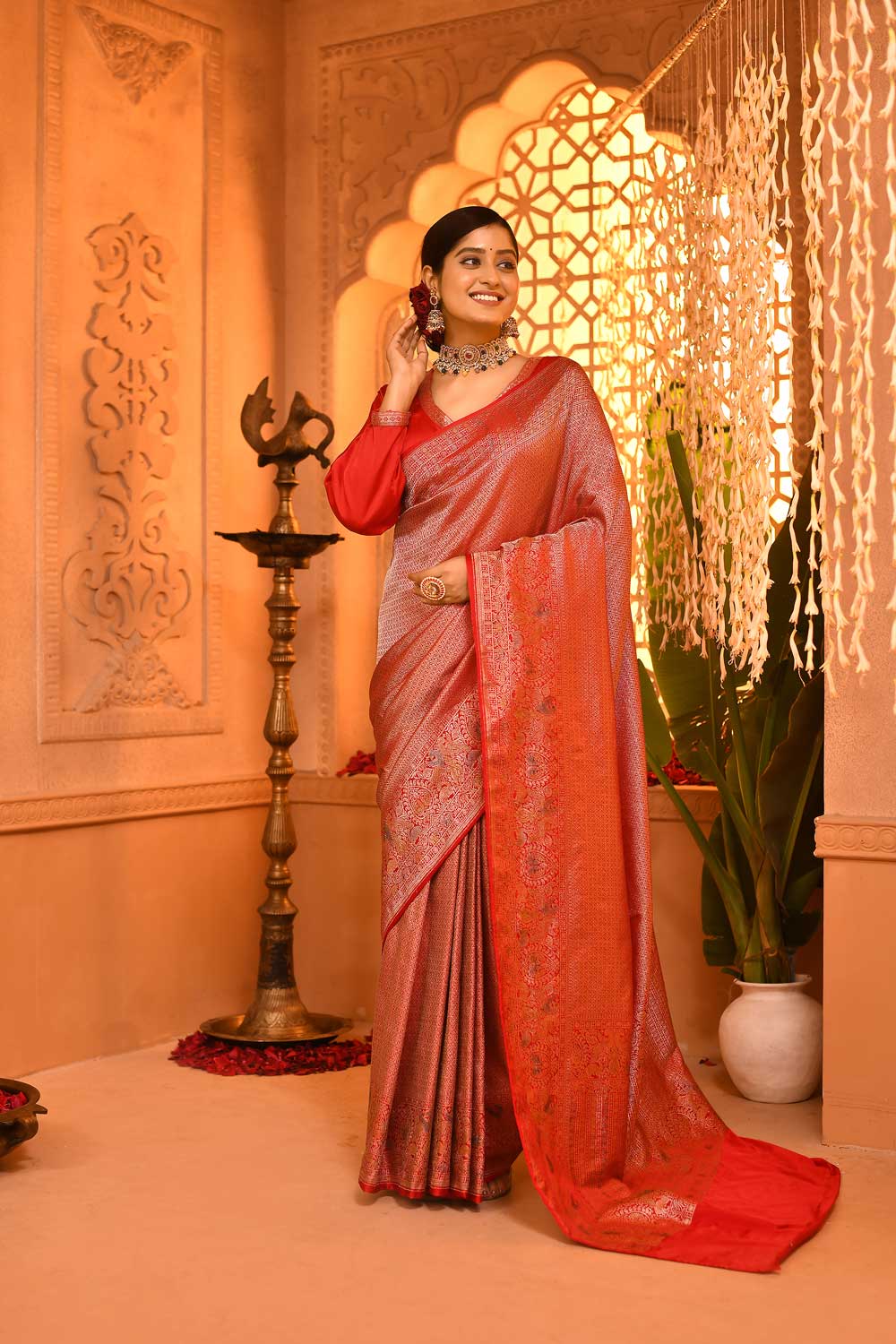 Red Mushru Saree With Shikargah Meenakari Border Red Mushru Saree With Shikargah Meenakari Border