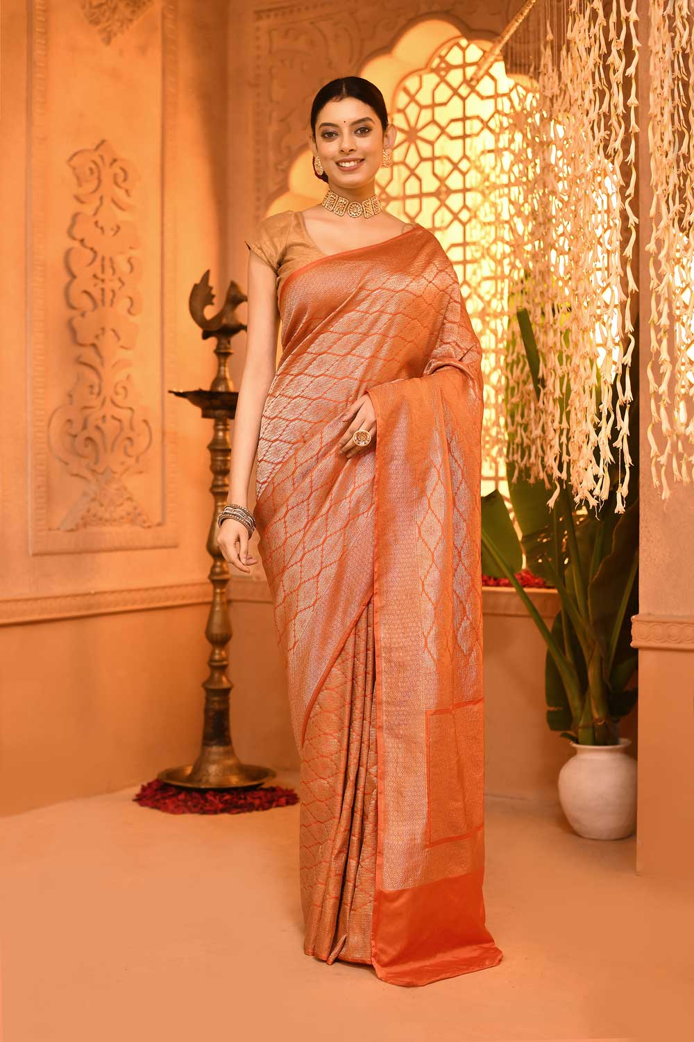 Orange Mushru Satin 'Brocade' Banarasi Handloom Saree With Blouse Orange Mushru Satin 'Brocade' Banarasi Handloom Saree With Blouse