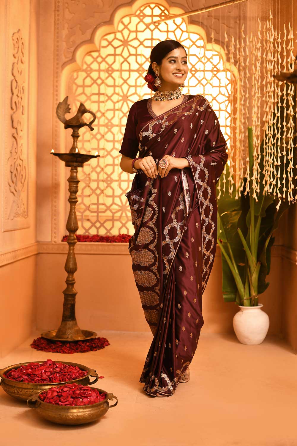 Wine Mushru Satin Banarasi Handloom Saree With Artistic And Meenakari Border Wine Mushru Satin Banarasi Handloom Saree With Artistic And Meenakari Border