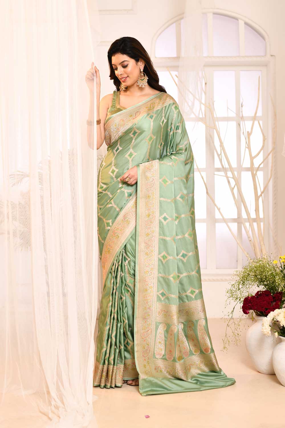Green 'rangkat' Mushru Satin Banarasi Handloom Saree With Contemporary Pattern Design And Meenakari Border Green 'rangkat' Mushru Satin Banarasi Handloom Saree With Contemporary Pattern Design And Meenakari Border