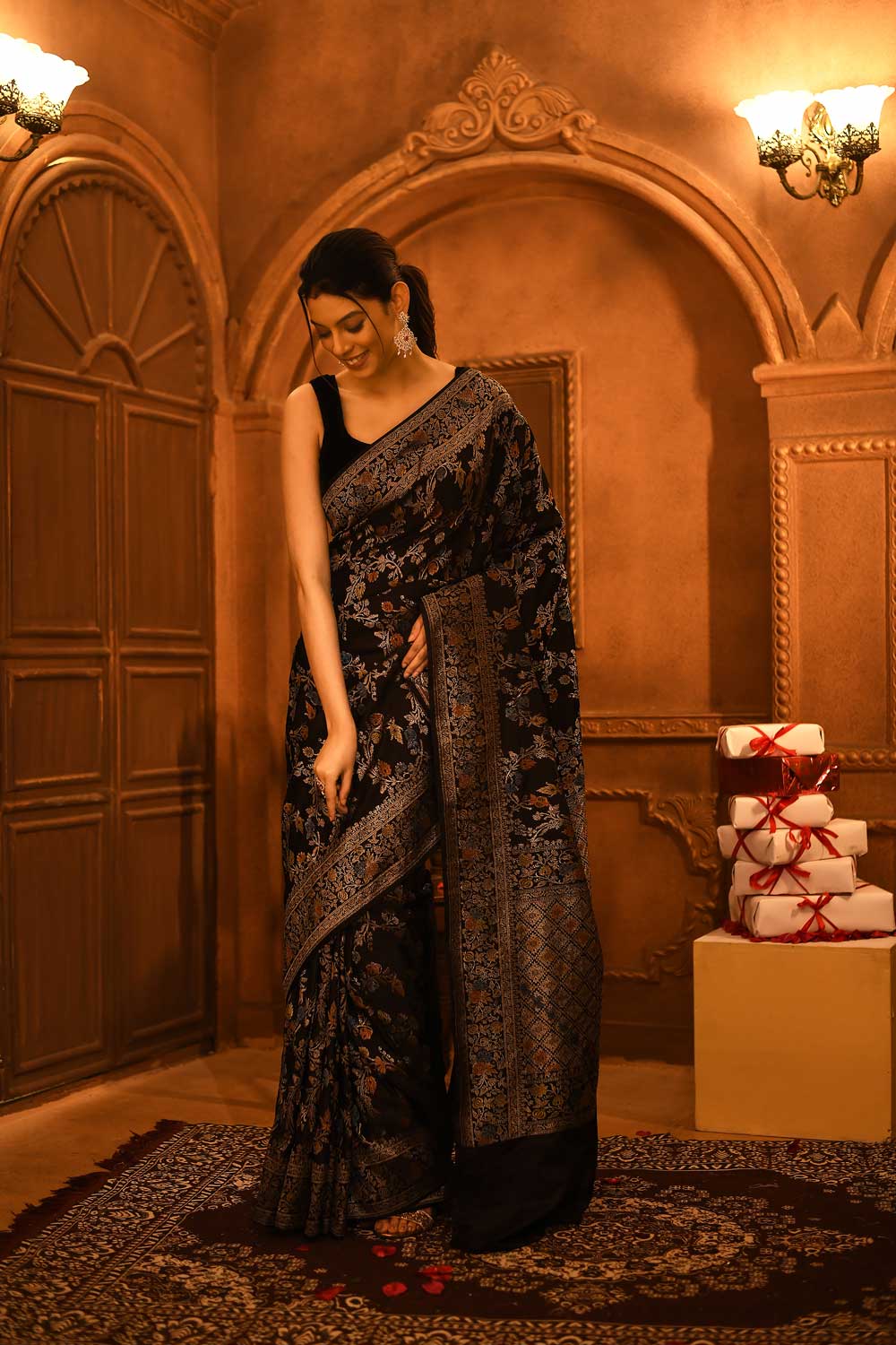 Black Mushru Satin Banarasi Saree With Meenakari Jaal And Border Black Mushru Satin Banarasi Saree With Meenakari Jaal And Border