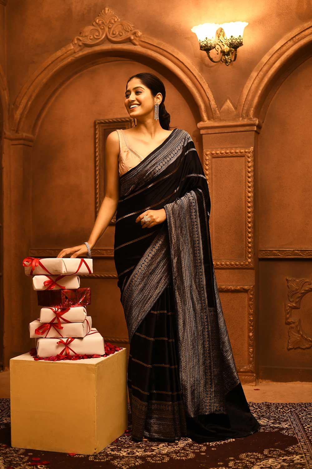 Black Mushru Satin Banarasi Handloom Saree With Modern Contemporary Stripe Patterned Design Black Mushru Satin Banarasi Handloom Saree With Modern Contemporary Stripe Patterned Design