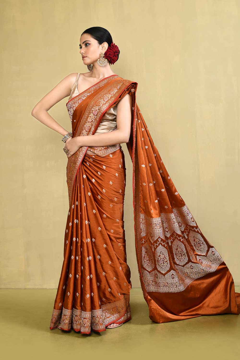 Rust Mushru Satin Banarasi Handloom Saree With Blouse Rust Mushru Satin Banarasi Handloom Saree With Blouse