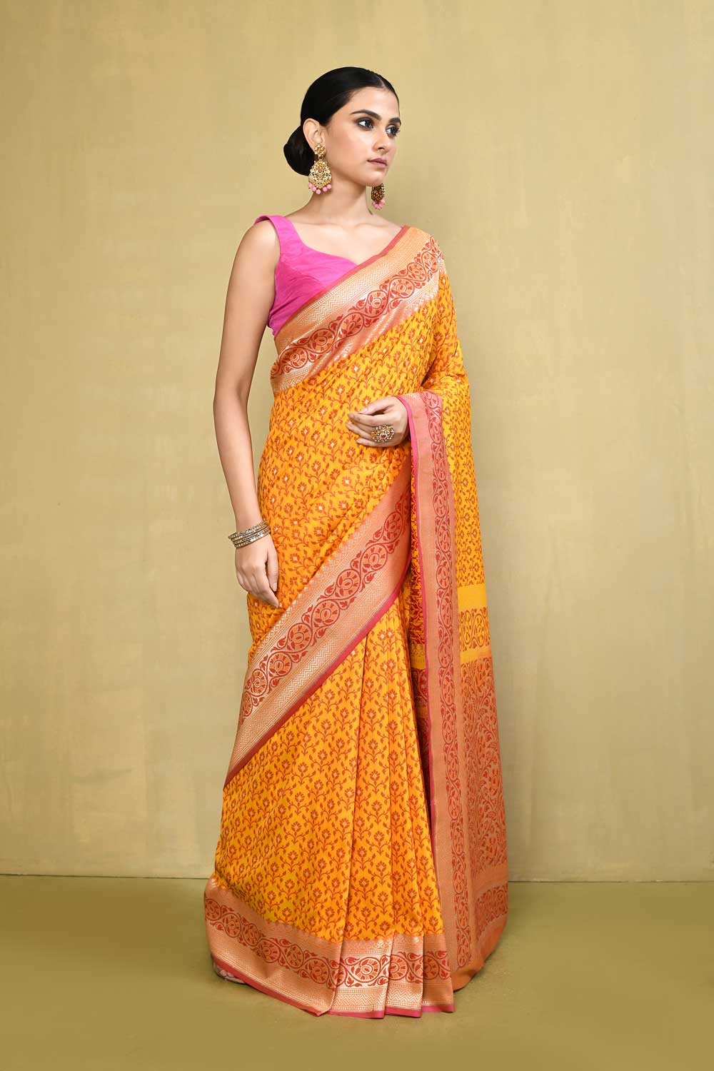 Mustard and Peach Pink Handloom Reshmi Tanchoi Banarasi Saree With Handwoven  Border Mustard and Peach Pink Handloom Reshmi Tanchoi Banarasi Saree With Handwoven  Border