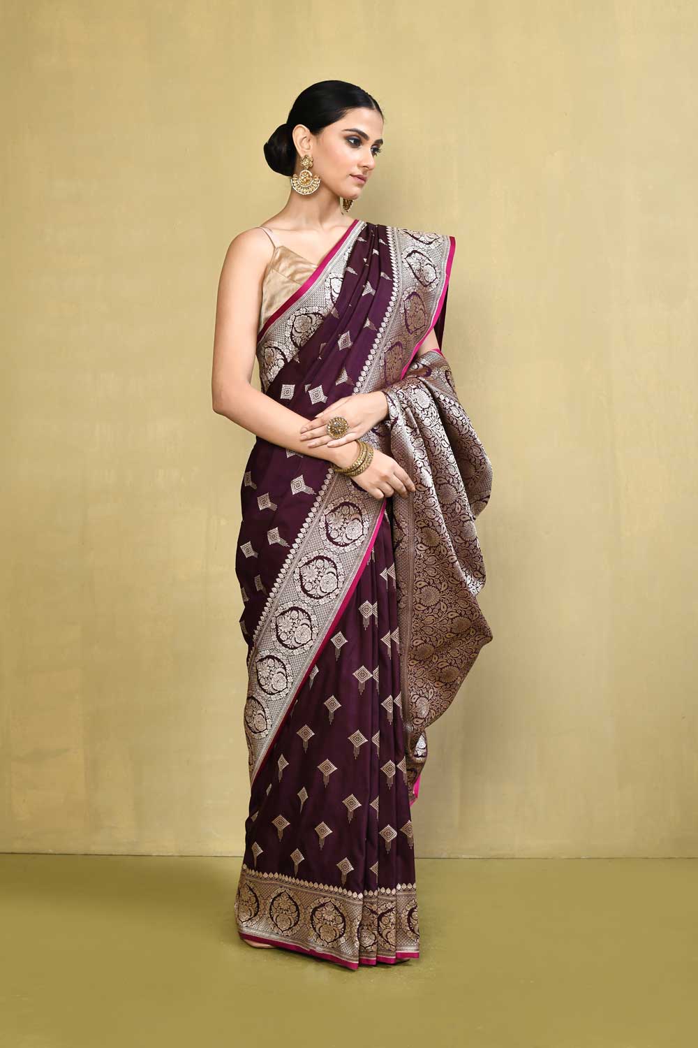 Wine Banarasi Handloom Saree With Blouse Wine Banarasi Handloom Saree With Blouse