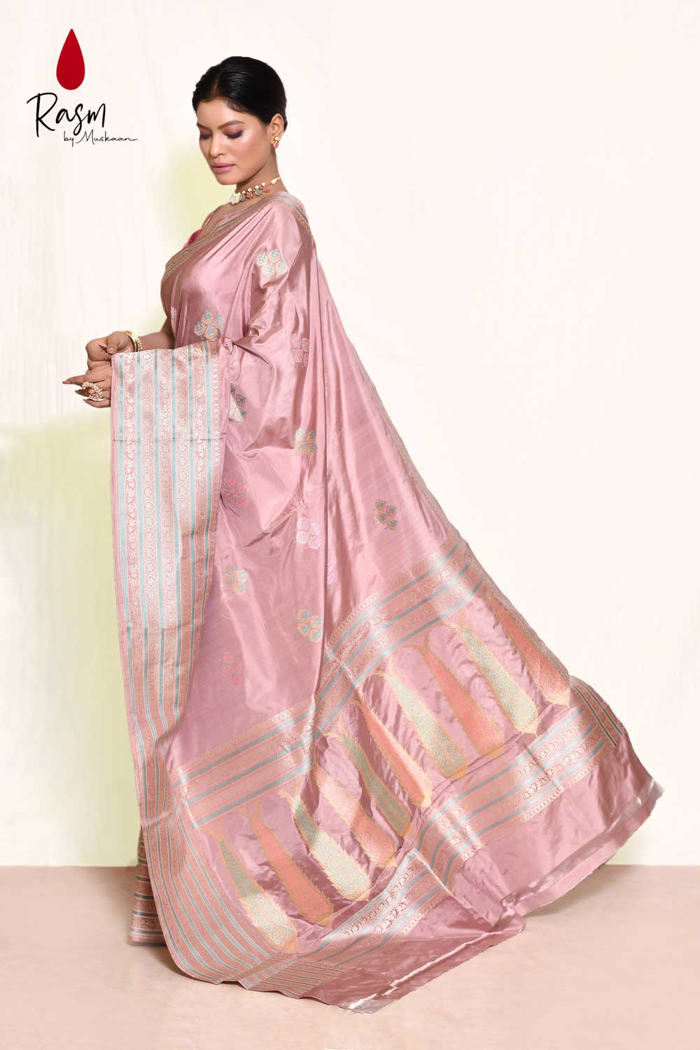 Rose Gold Pure Katan Silk Saree With Kadhua Meena Boota Rose Gold Pure Katan Silk Saree With Kadhua Meena Boota