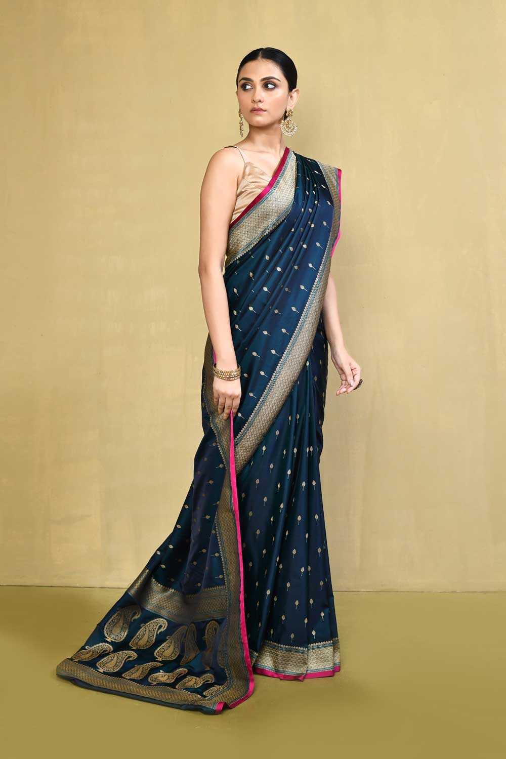 Teal Blue Banarasi Saree With Handwoven banarasi Border Teal Blue Banarasi Saree With Handwoven banarasi Border