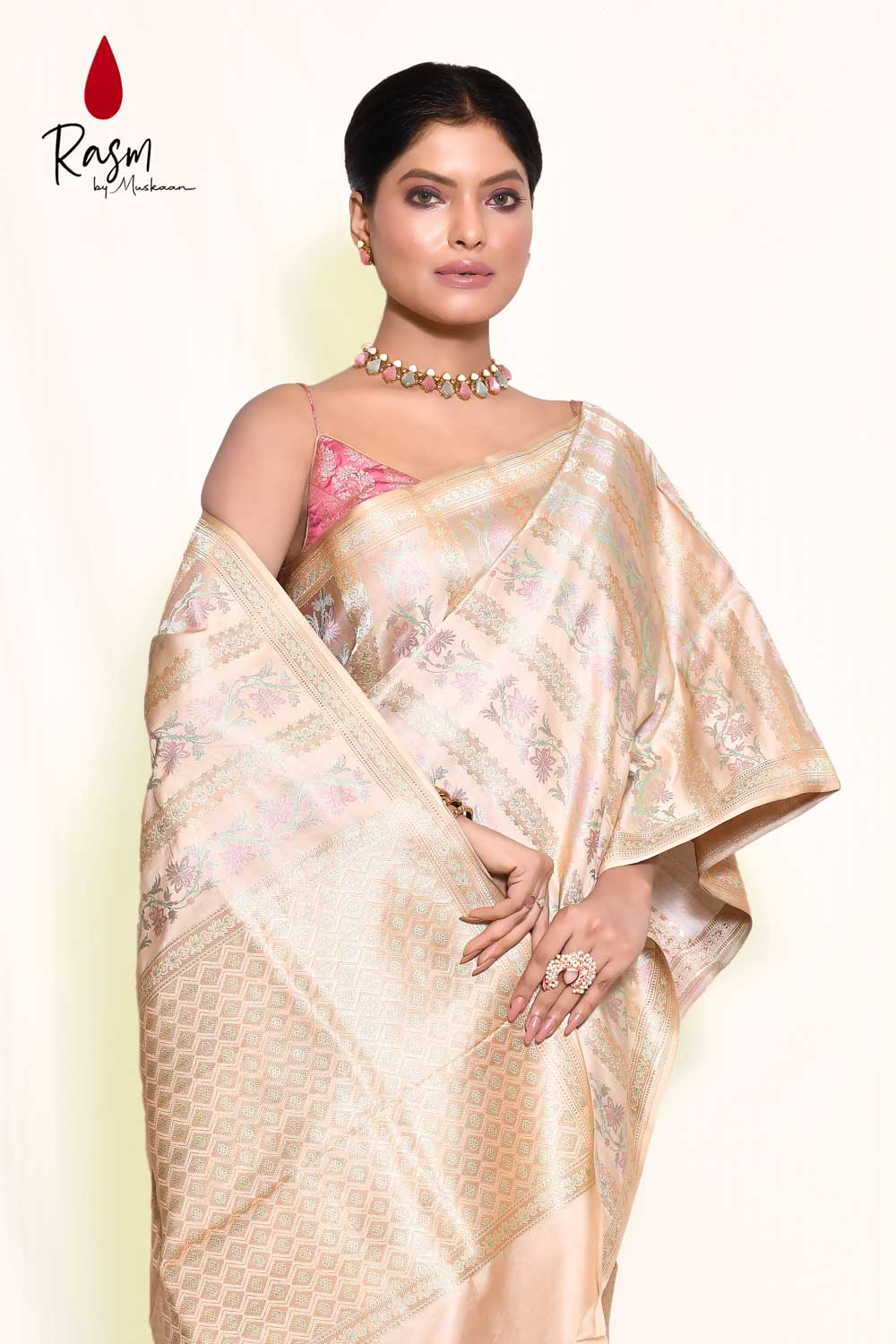 Tussar-beige Jamawar Pure Katan Silk Banarasi Handloom Saree Tussar-beige Jamawar Pure Katan Silk Banarasi Handloom Saree