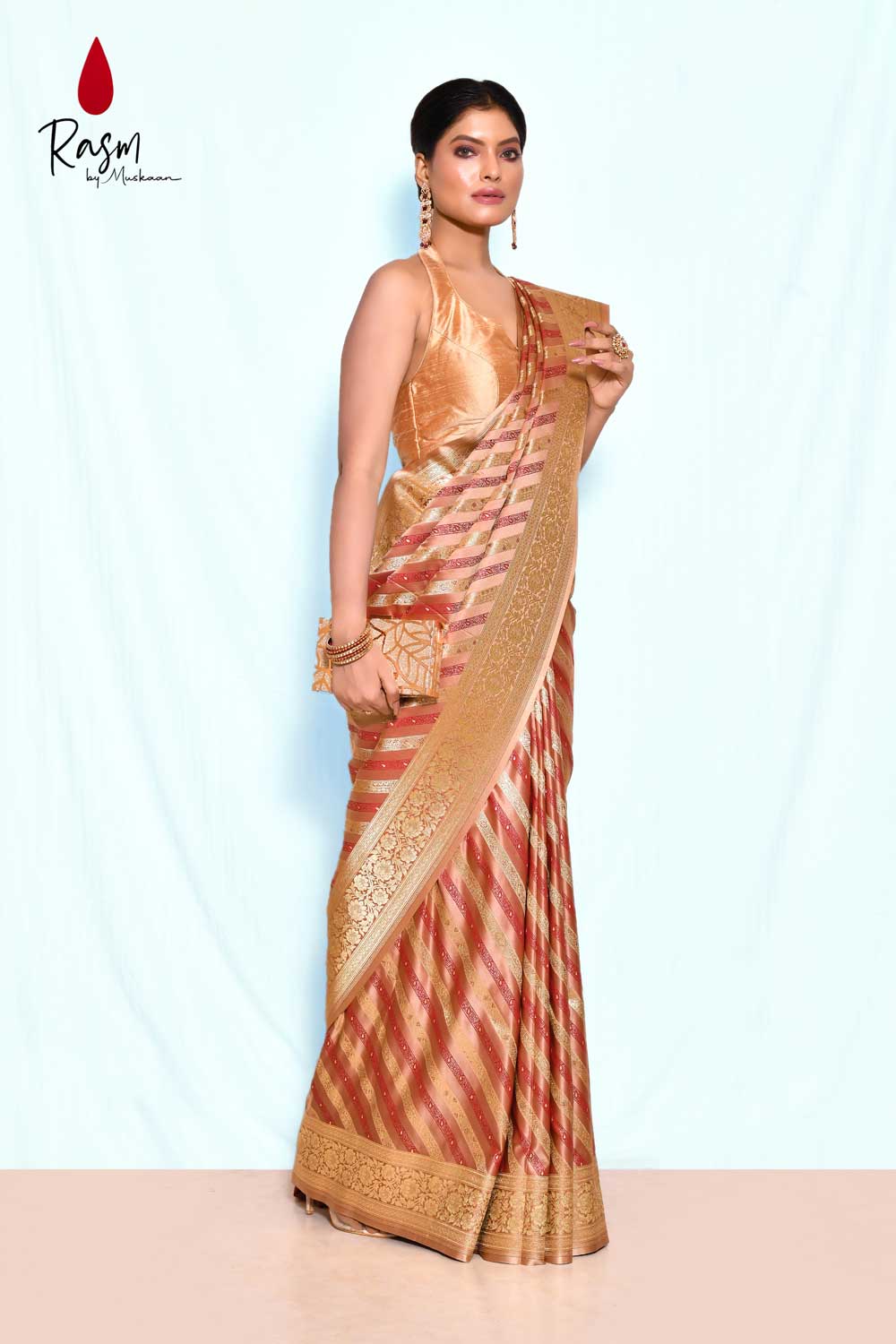 Tanchoi Banarasi Handloom Saree With Contemporary Stripe Pattern Design Tanchoi Banarasi Handloom Saree With Contemporary Stripe Pattern Design