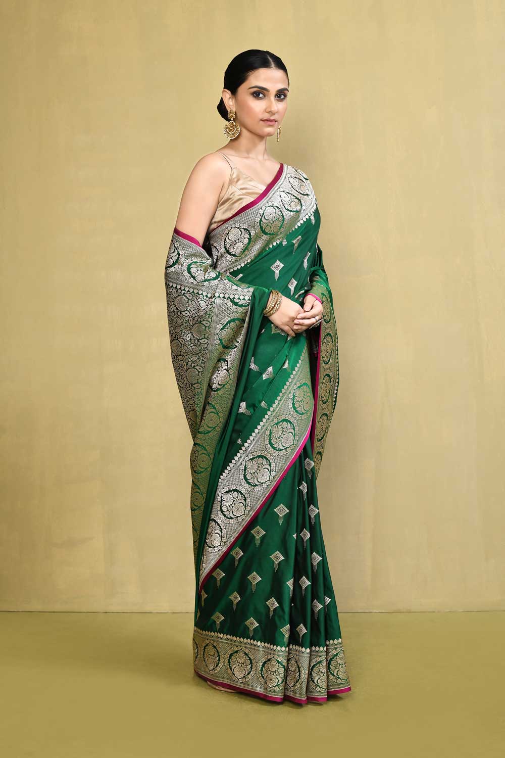 Green Banarasi Saree with kadhua boota In Muted Gold Zari Green Banarasi Saree with kadhua boota In Muted Gold Zari