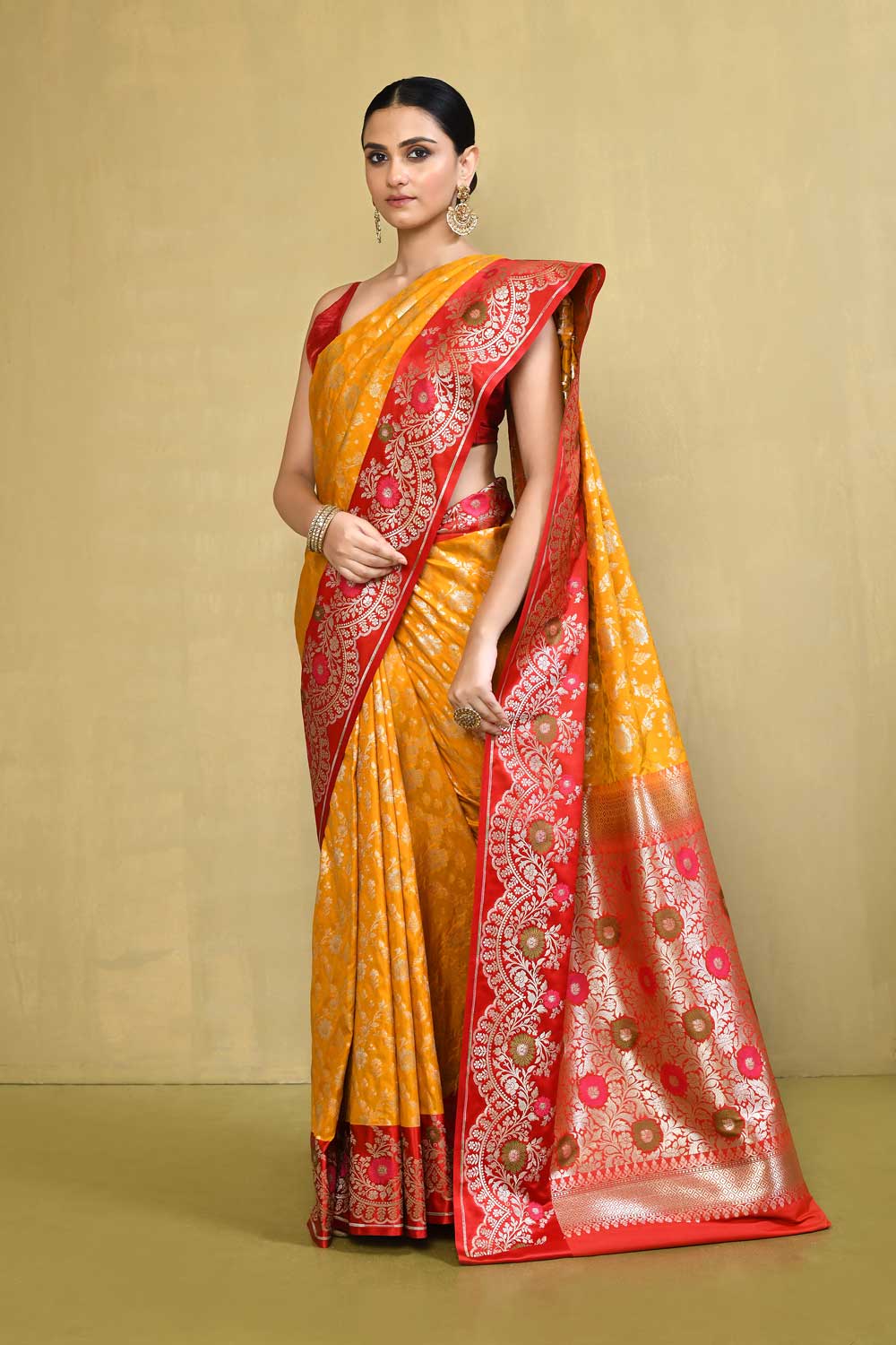 Mustard Yellow - Red Banarasi Handloom Saree with Contrast Meenakari Border Mustard Yellow - Red Banarasi Handloom Saree with Contrast Meenakari Border