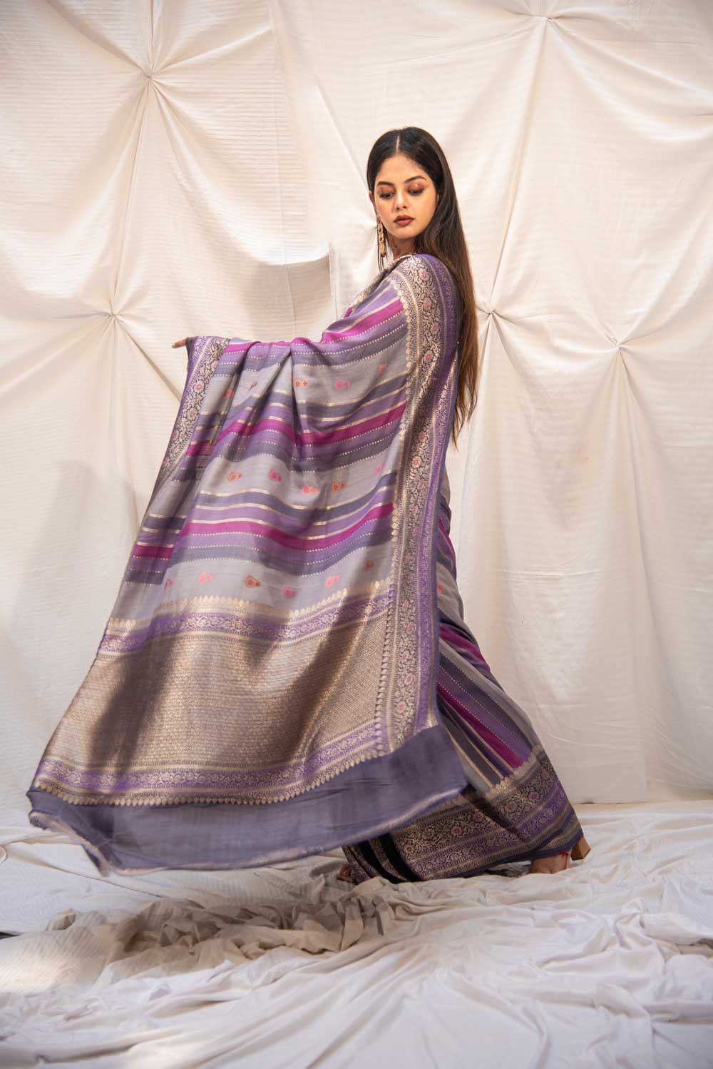 Rangkat Pure Tussar Saree With Stripe-Patterned Body- Kadhua Boota And Meenakari Border Rangkat Pure Tussar Saree With Stripe-Patterned Body- Kadhua Boota And Meenakari Border