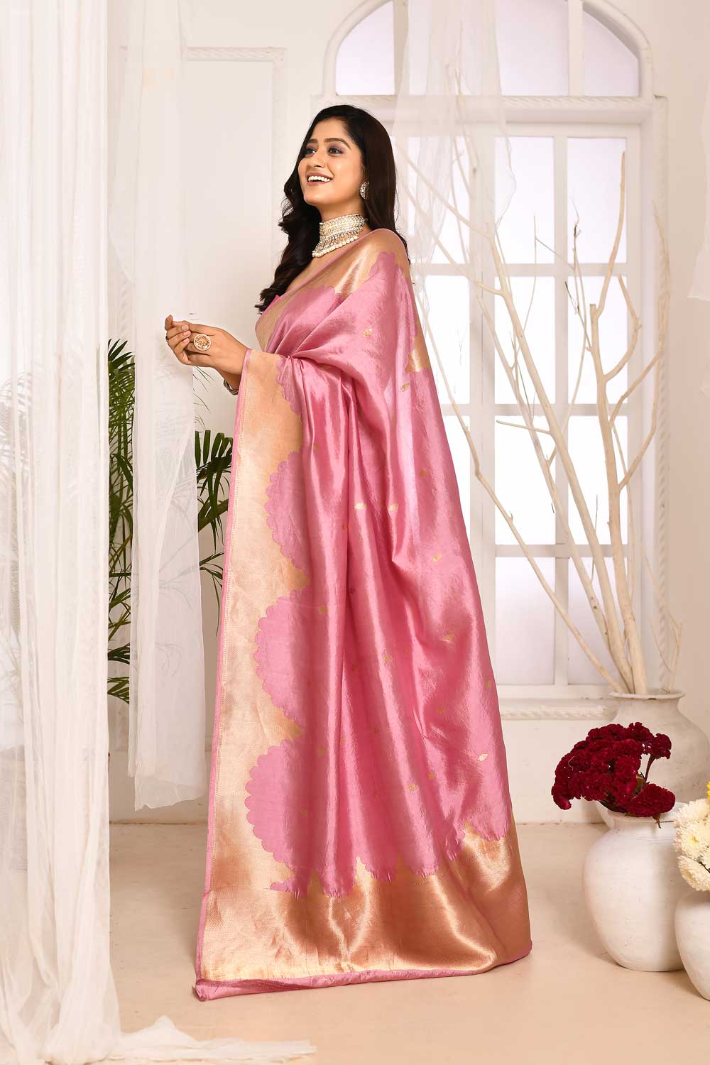 Pink Pure Katan Silk Banarasi Handloom Saree With Blouse Pink Pure Katan Silk Banarasi Handloom Saree With Blouse