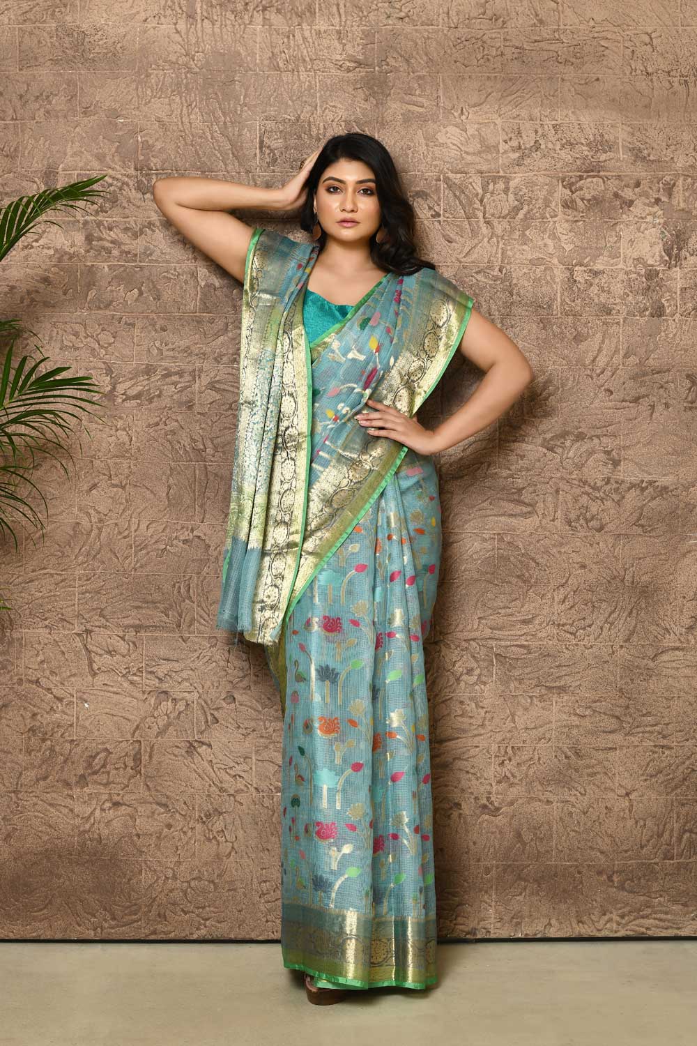 Powder Blue Pure Kota Check Banarasi Saree Powder Blue Pure Kota Check Banarasi Saree