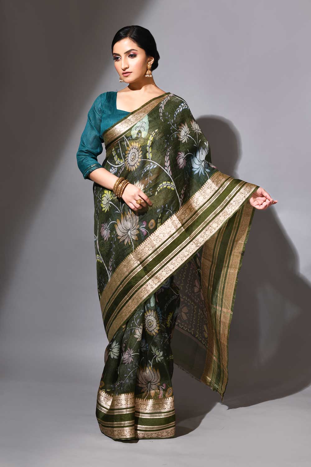 Olive Green Kalamkari Pure Kota Check Banarasi Handloom Saree Olive Green Kalamkari Pure Kota Check Banarasi Handloom Saree