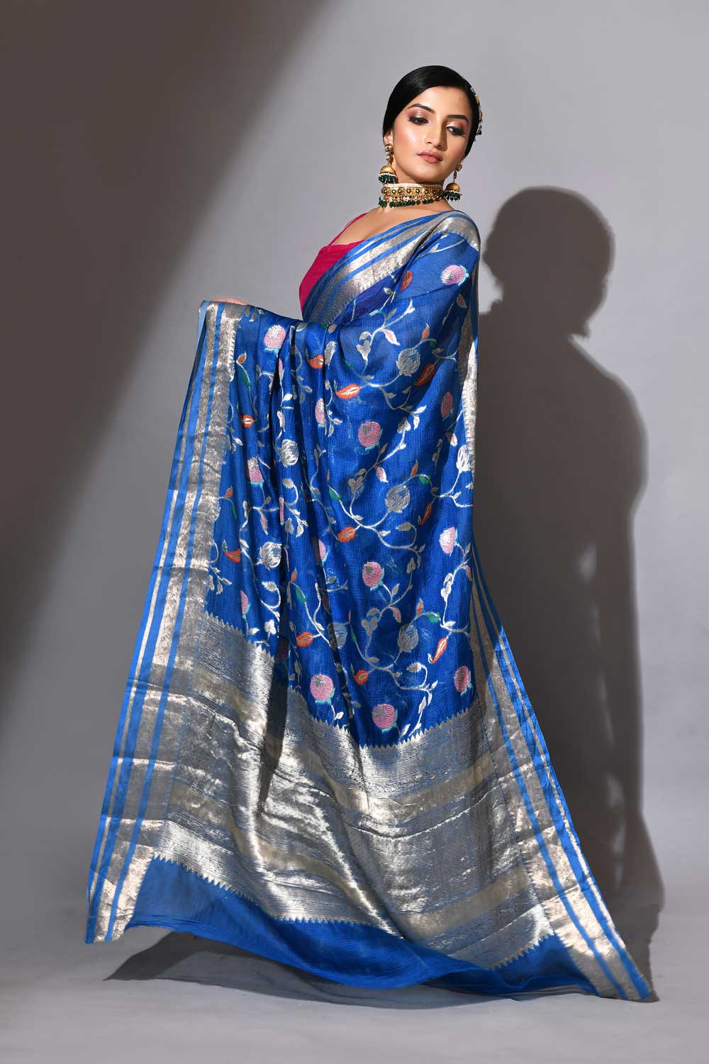Royal Blue Pure Kota Check Banarasi Handloom Saree With Meenakari Jaal Royal Blue Pure Kota Check Banarasi Handloom Saree With Meenakari Jaal