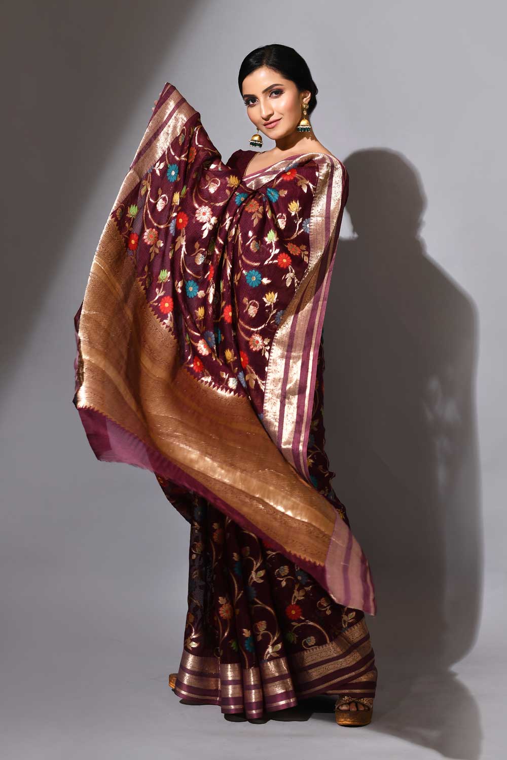 Deep Wine Pure Kota Check Banarasi Handloom Saree With Meenakari Jaal Deep Wine Pure Kota Check Banarasi Handloom Saree With Meenakari Jaal