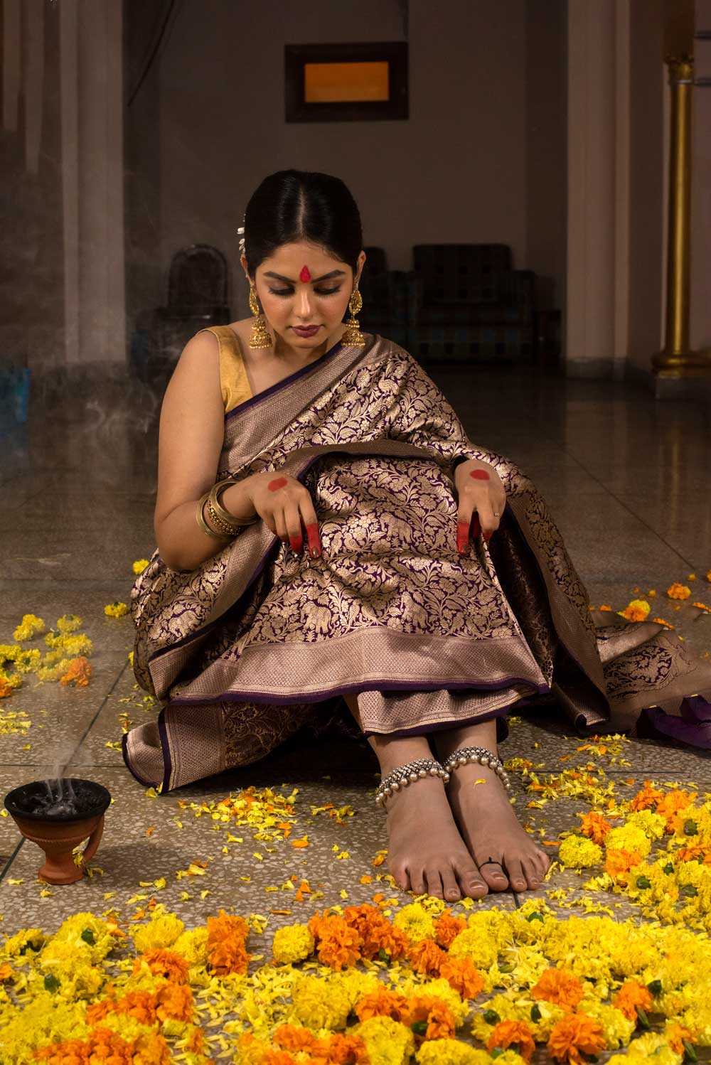Purple 'Shikargah' Pure Katan Silk Kadhua Saree  Purple 'Shikargah' Pure Katan Silk Kadhua Saree