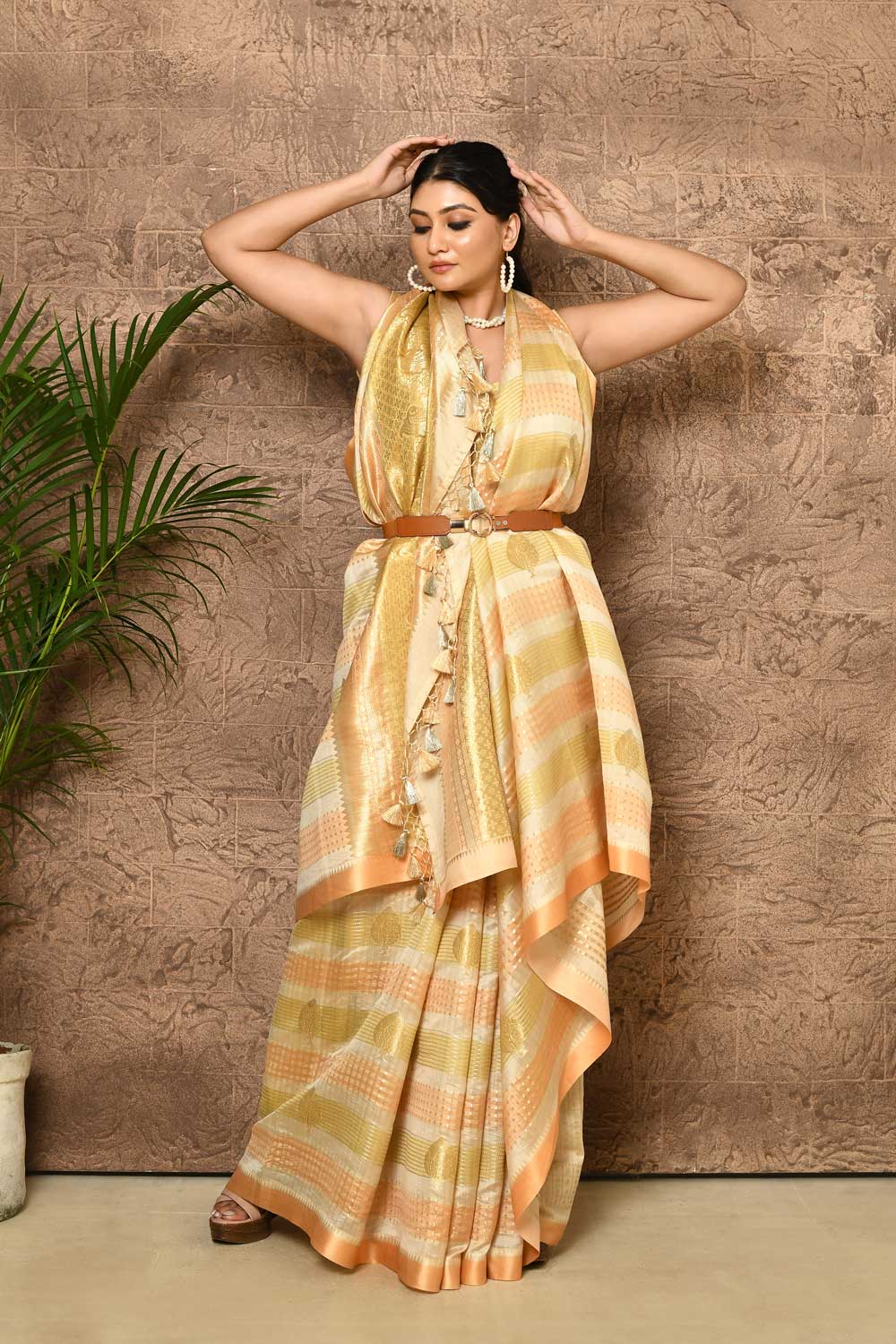 Rangkat Pure Katan Chiniya Silk Banarasi Handloom Saree With Multi Striped Body And Bordrr Rangkat Pure Katan Chiniya Silk Banarasi Handloom Saree With Multi Striped Body And Bordrr