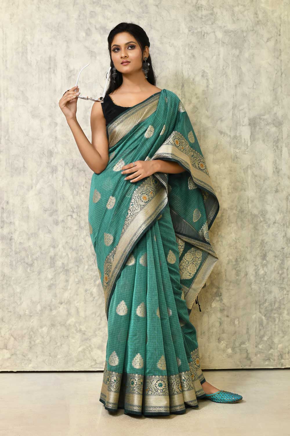 Stone Blue Pure Cotton Silk Banarasi Handloom Saree With Meenakari Border Stone Blue Pure Cotton Silk Banarasi Handloom Saree With Meenakari Border