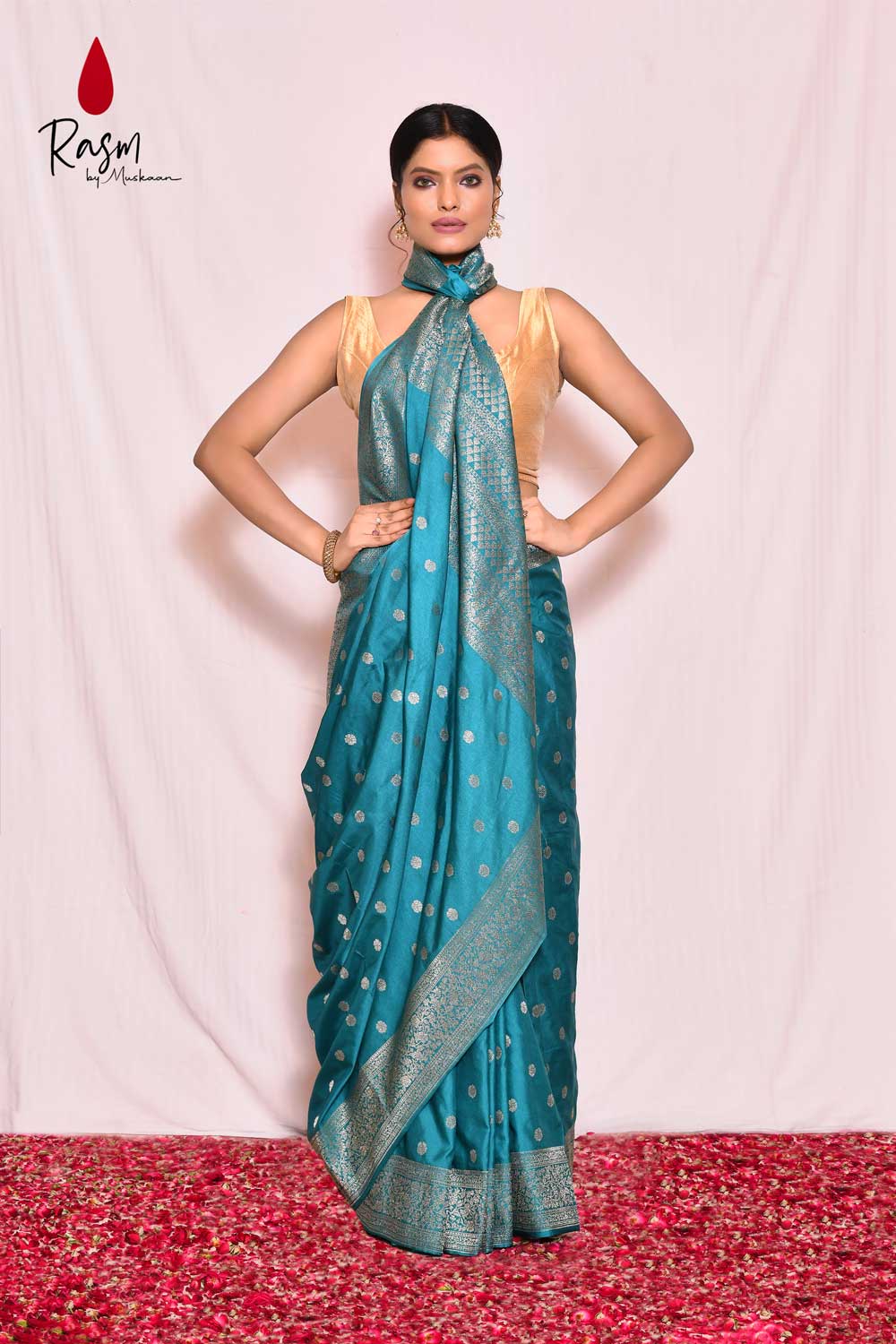 Teal Mushru Satin Banarasi Handloom Saree With Handwoven Silver Booti Teal Mushru Satin Banarasi Handloom Saree With Handwoven Silver Booti