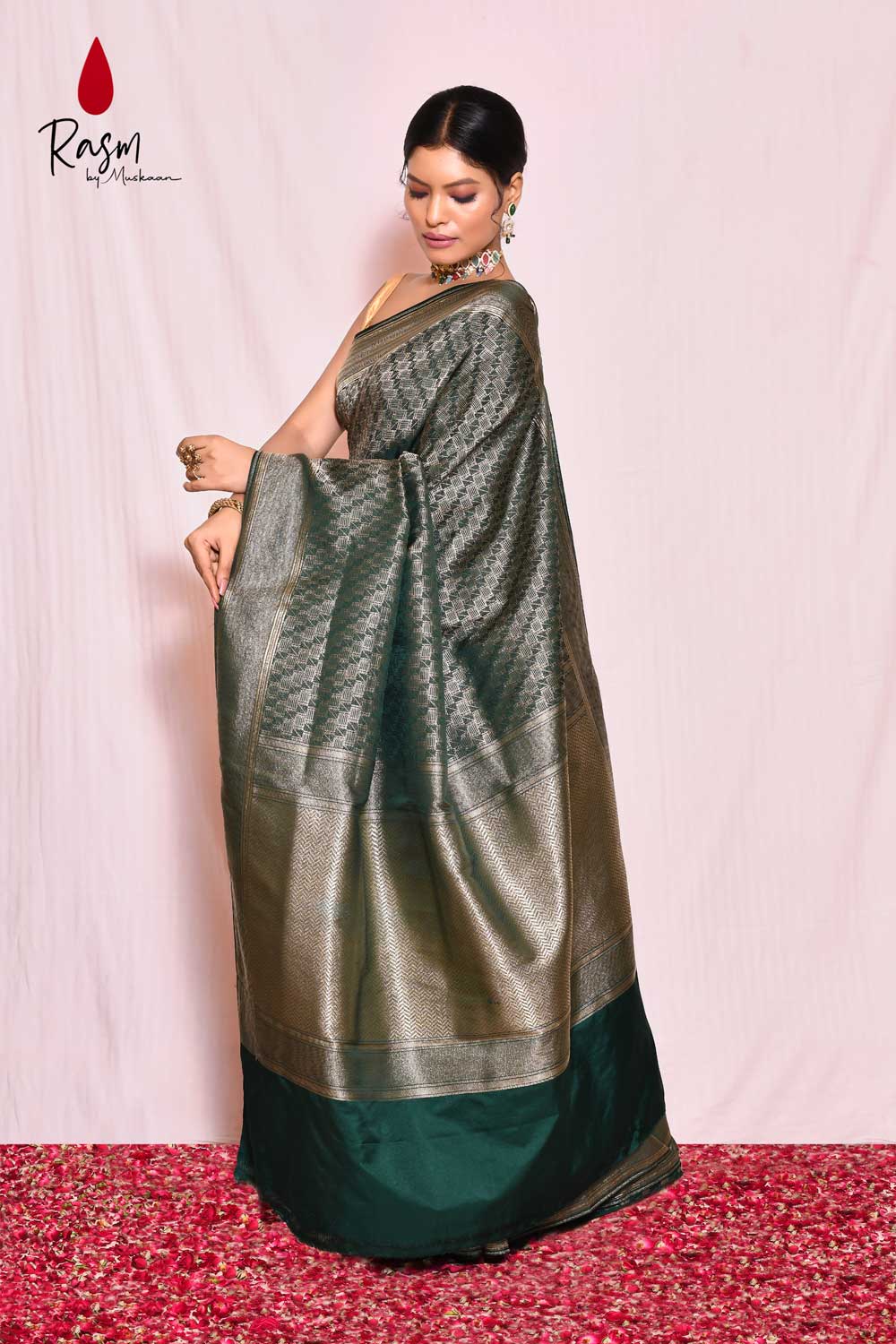 Bottle Green Mushru Satin Brocade Banarasi Handloom Saree Bottle Green Mushru Satin Brocade Banarasi Handloom Saree