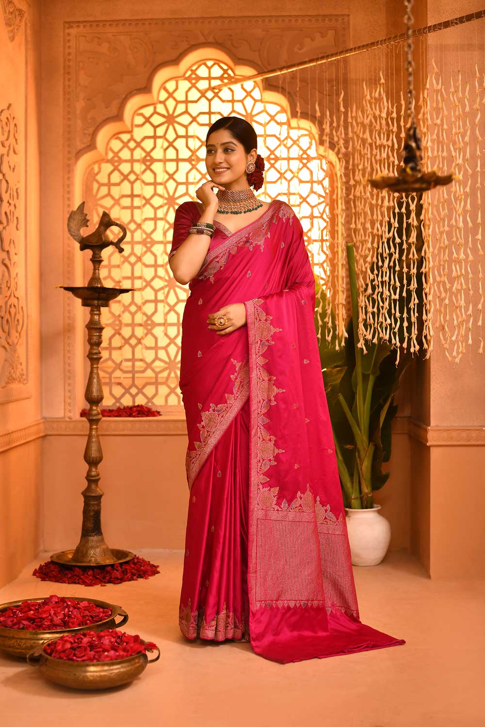 Fuchsia Pink Saree With Meenakari Border  Fuchsia Pink Saree With Meenakari Border
