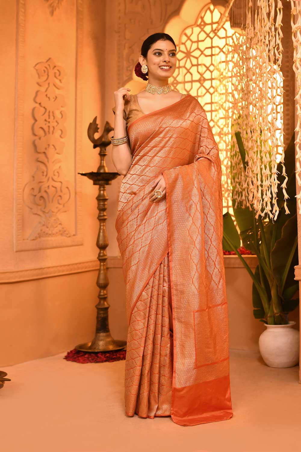 Orange Mushru Satin 'Brocade' Handloom Saree With Blouse Orange Mushru Satin 'Brocade' Handloom Saree With Blouse