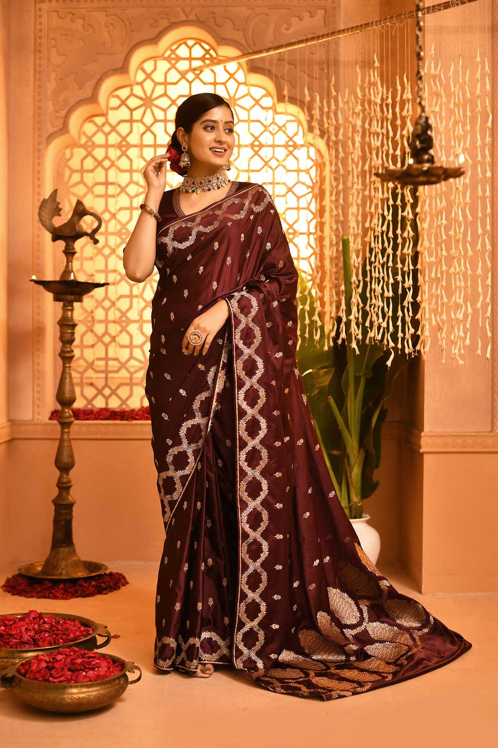 Wine Mushru Saree With Artistic And Meenakari Border Wine Mushru Saree With Artistic And Meenakari Border