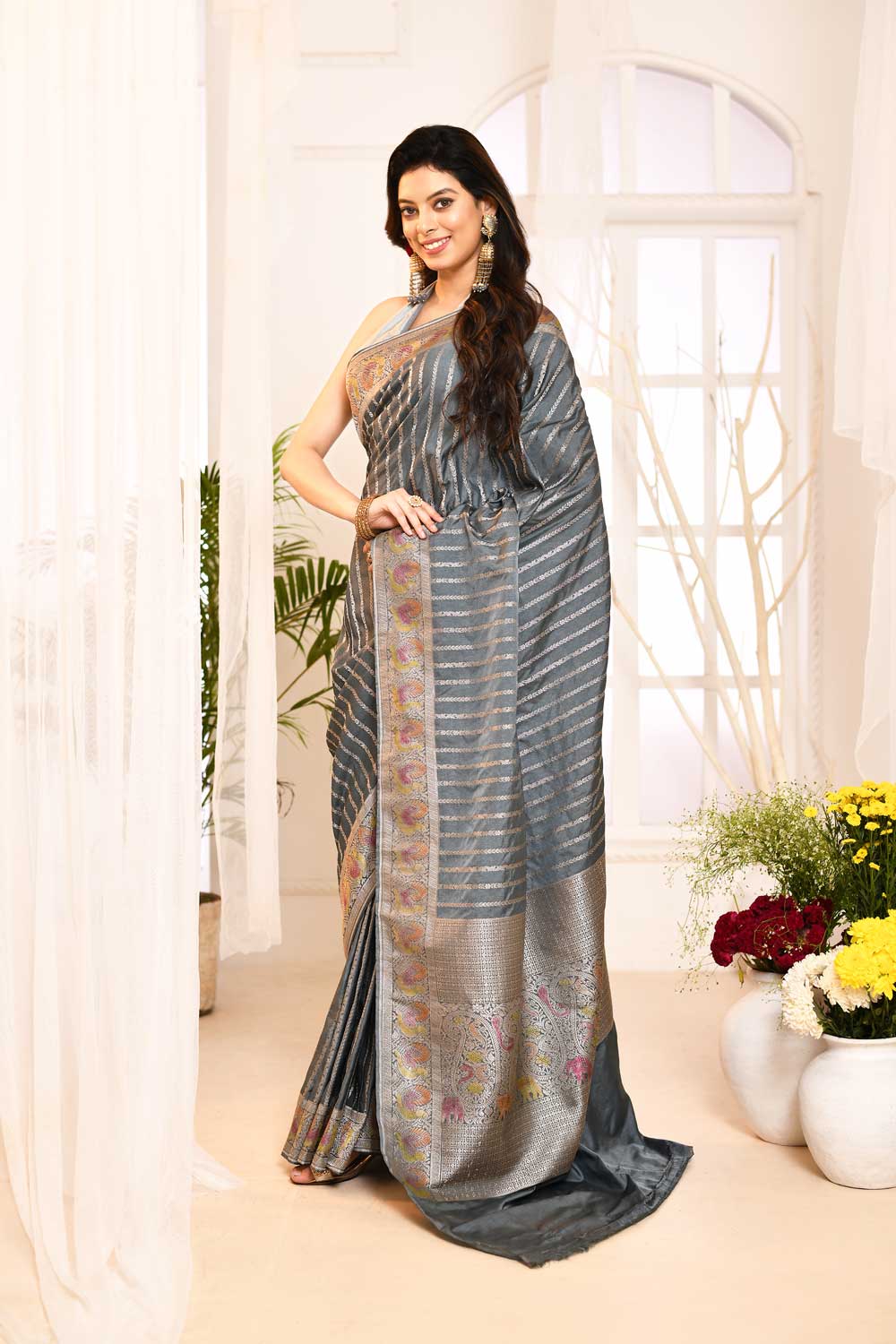 Grey Mushru Satin Banarasi Handloom Saree With Stripe Patterned Design And Meenakari Border Grey Mushru Satin Banarasi Handloom Saree With Stripe Patterned Design And Meenakari Border