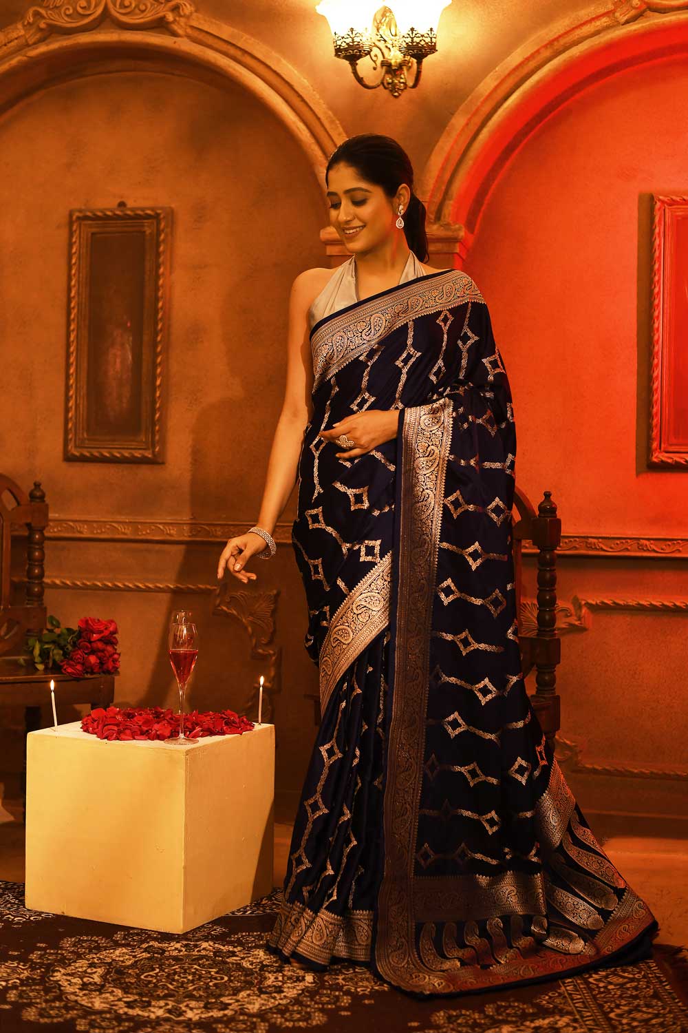 Navy Blue Mushru Satin Banarasi Saree With Blouse Navy Blue Mushru Satin Banarasi Saree With Blouse